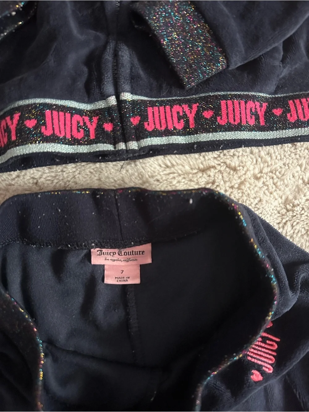 Girl’s Juicy Couture Navy Velour Track Set with Pink Logo Trim